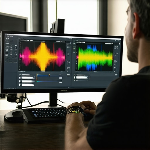 Expert calibration for video exports Video editor calibrating export settings on professional monitor.