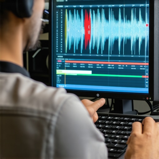 Expert manual audio-video sync process Editor fine-tuning synchronization of audio and video tracks using waveform analysis in editing software.