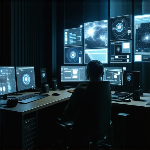 Futuristic AI-Integrated Editing Environment An advanced editing workspace with AI interfaces, cloud computing servers, and augmented reality gear.
