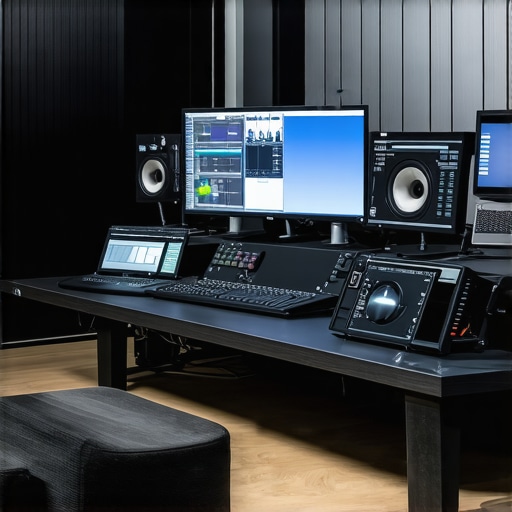 Futuristic Content Creation Station An advanced editing workstation featuring dual monitors, control surfaces, and AI-powered tools
