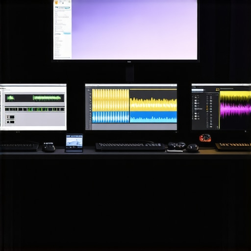 Futuristic Editing Studio with Advanced Hardware Modern editing workspace featuring multiple screens and professional audio and video equipment.