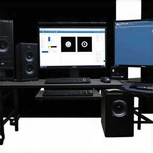 A modern multimedia editing setup featuring quantum computers and multiple high-resolution monitors
