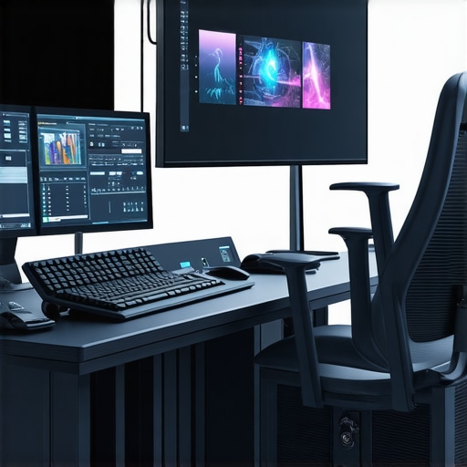 Futuristic Media Editing Environment A state-of-the-art editing workspace featuring advanced hardware and AI-integrated devices.