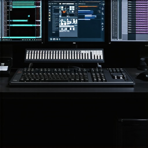 High-End Editing Setup with Advanced Hardware A professional video editing station featuring dual monitors, color grading hardware, and control surface.