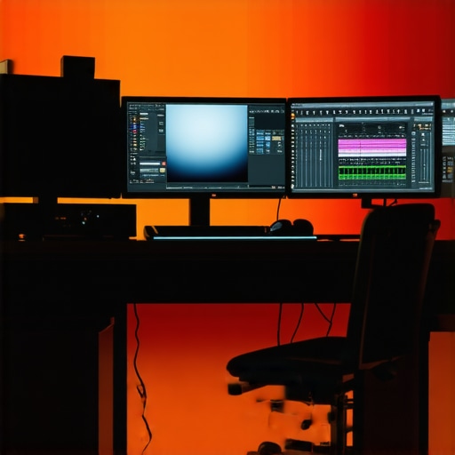 High-End Editing Studio Setup A sophisticated multimedia editing workspace featuring calibrated monitors and audio equipment for professional content creation.