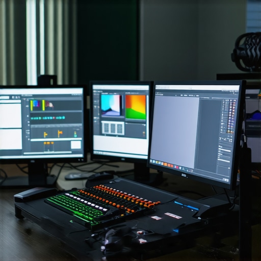 High-End Editing Workspace with Professional Accessories A professional video editing setup showcasing monitors, control panels, and calibration devices.