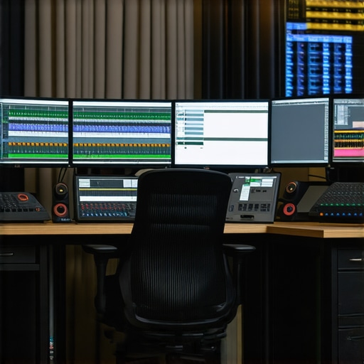High-End Editing Workspace A professional video editing station with dual monitors, control surfaces, and sound mixing equipment