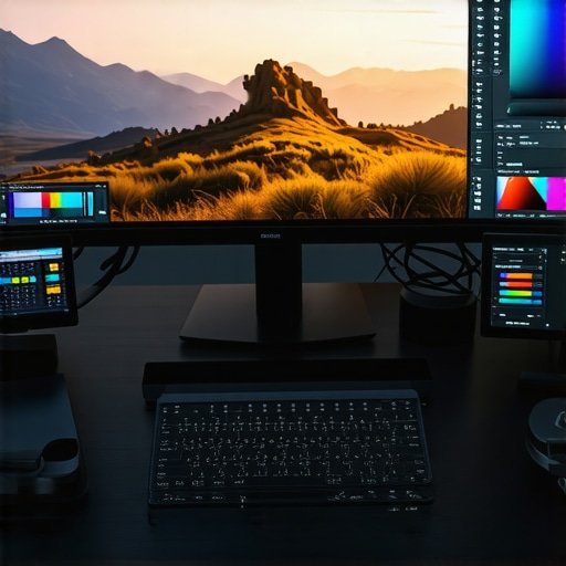 Professional photo editing workspace showcasing advanced editing accessories and calibration equipment