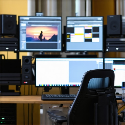 High-End Video Editing Setup Professional video editing workstation with dual monitors displaying editing software