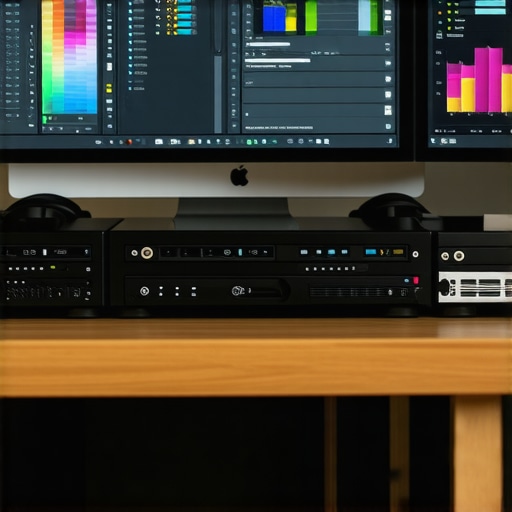 High-End Video Editing Setup with Diagnostics Workstation with multiple external storage devices showing SMART data and health metrics on monitors.