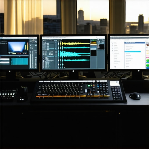 High-End Video Editing Setup Professional video editing workstation with dual monitors displaying editing software
