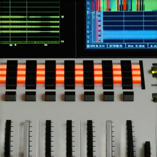 High-Precision Audio Timeline Synchronization Hardware Detailed view of multi-channel audio equipment with synchronized waveforms and timing controls.