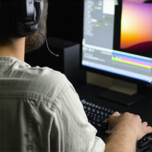 A professional editor meticulously working on color grading on a large monitor with advanced editing tools visible.