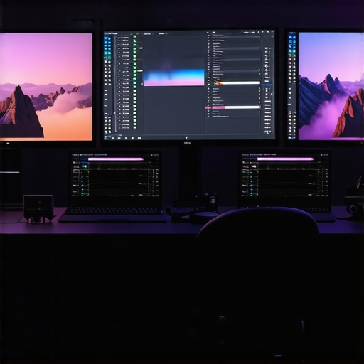 High-end Color Grading Studio Setup Professional color grading studio with calibrated monitors and editing tools