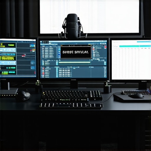High-end Editing Suite with Color Grading and Asset Management Tools Professional editing workspace featuring color grading monitors, scripts, and digital asset management software.