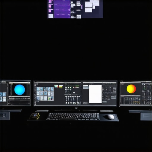 High-end color grading workstation setup Colorist working at a professional editing station with advanced hardware