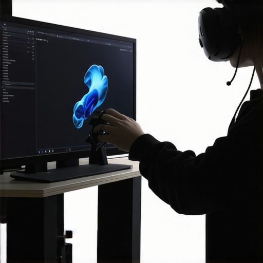 A virtual reality setup with spatial controllers and 3D editing tools for creative post-production.