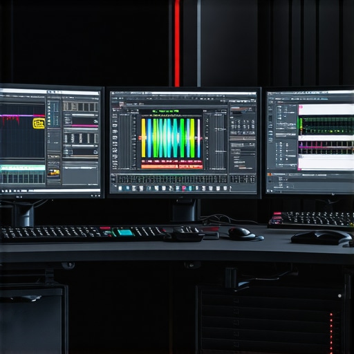 Modern Editing Workspace A professional video editing setup with advanced hardware including dual monitors, high-performance GPU, and audio monitors.