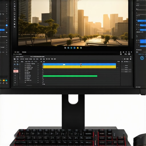 Modern Editing Workstation with 8K HDR Capabilities A professional editing setup featuring an 8K HDR monitor, high-end graphics card, and rapid storage solutions.