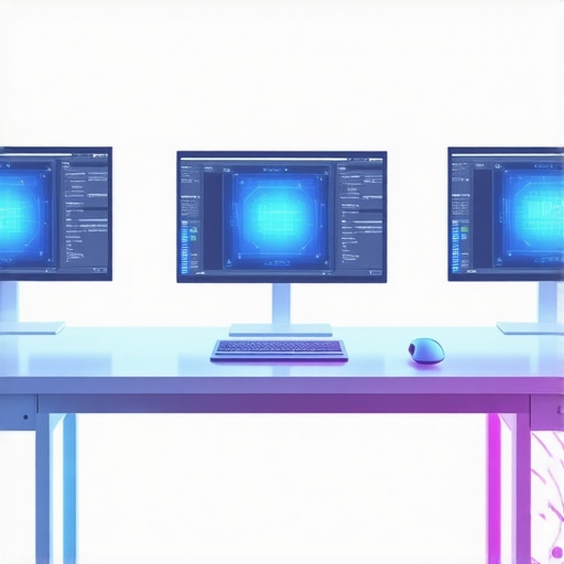 Next-Gen Editing Station with Adaptive Tech A high-tech editing setup featuring holographic displays and smart input devices for enhanced productivity