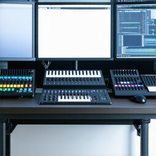 Next-Gen Editing Studio with Advanced Equipment A modern editing studio featuring calibrated monitors, AI-powered control surfaces, and high-performance hardware.