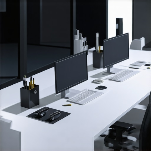 Next-Gen Ergonomic Workspace A high-tech ergonomic studio with adaptive furniture, displays and sensor interfaces