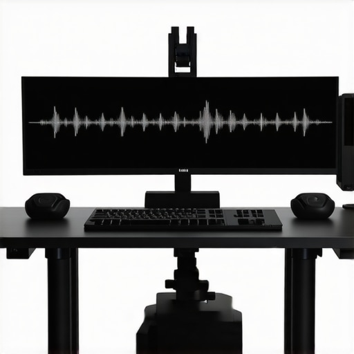 Next-Gen Post-Production Workstation High-tech editing setup with AI and haptic devices.