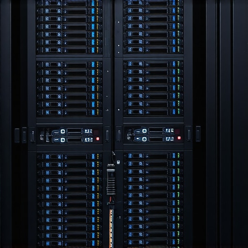 Next-Gen Storage & Networking Infrastructure Illustration of advanced storage arrays linked through high-speed fiber optic networks in a media editing environment