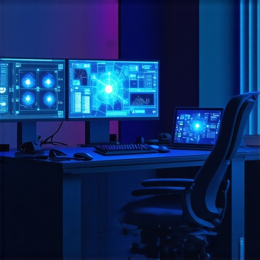 A modern editing studio featuring holographic displays and advanced control hardware
