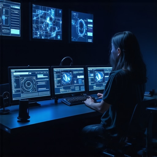 A modern editing workspace featuring holographic screens and advanced hardware controls