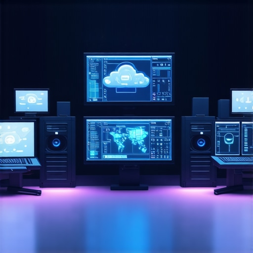 Next-Generation Media Asset Workflow Setup A high-tech multimedia editing studio with cloud infrastructure and AI-powered asset management tools