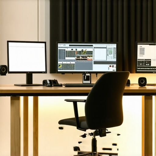 Optimized Creative Workspace A sleek, ergonomic editing studio with advanced setup for professional media creation.