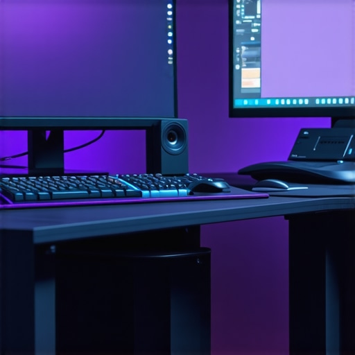 Optimized Editing Environment A modern professional editing workstation with dual monitors, external SSD, and control surface.
