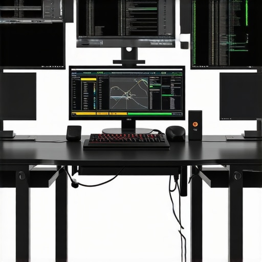 Optimized Professional Editing Setup A modern, high-end editing workstation with calibrated monitors, control panels, and hardware accessories.