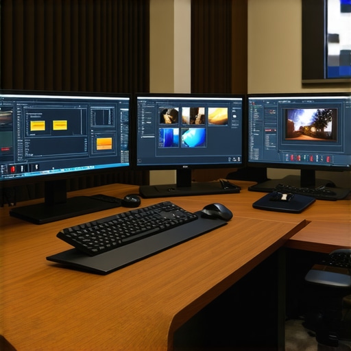 A professional editing studio equipped with calibrated monitors and advanced color correction hardware.