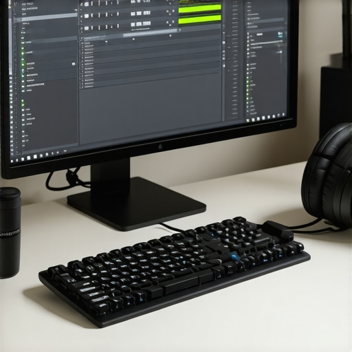 A professional video editing station featuring calibrated monitor, control surfaces, and high-quality headphones