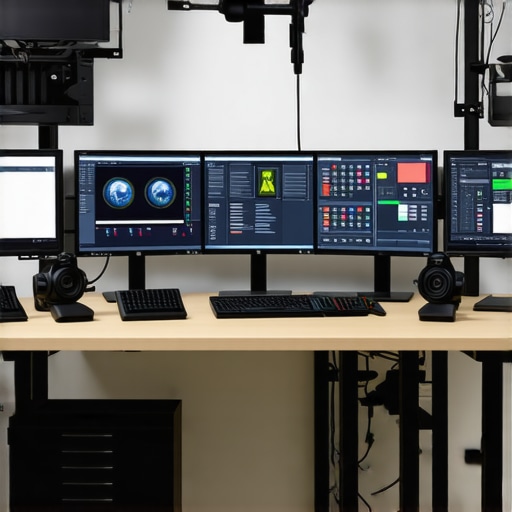 Pro Photography Workflow with Advanced Noise Reduction Tools A sophisticated photography editing setup featuring calibrated monitor, sensor calibration tools, and AI denoising software interfaces.