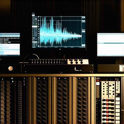 A modern audio editing studio with spectral analysis screens and sound engineers working
