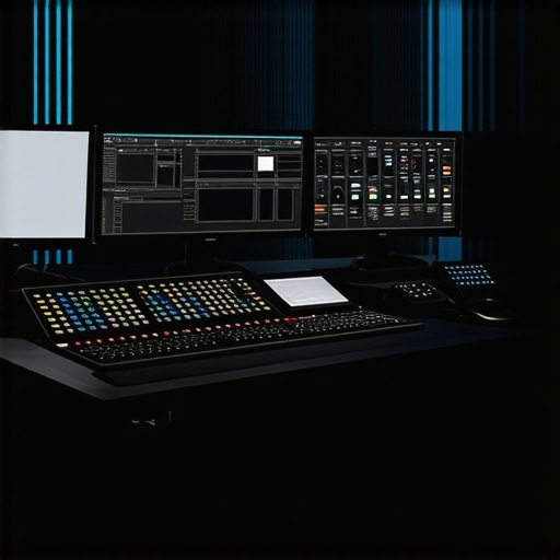Professional Color Grading Equipment Setup A professional editing station featuring calibrated monitors, control surfaces, and color grading tools