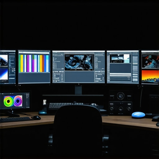 Professional Color Grading Setup A professional color grading suite with calibrated monitors and color correction tools