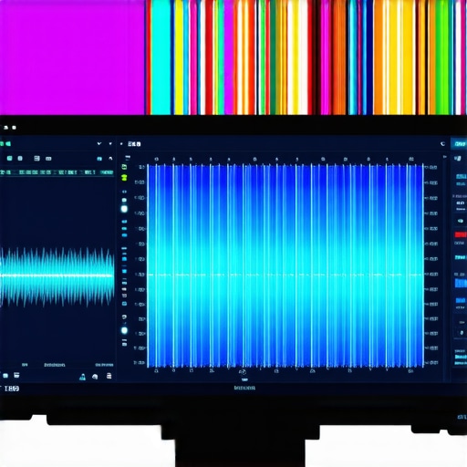 Professional Color Grading Workflow A monitor showing waveform and vectorscope during high-end color correction process.