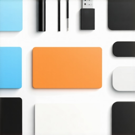 A tabletop with advanced editing accessories like calibration tools, control surfaces, and ergonomic equipment for photo and video editing.