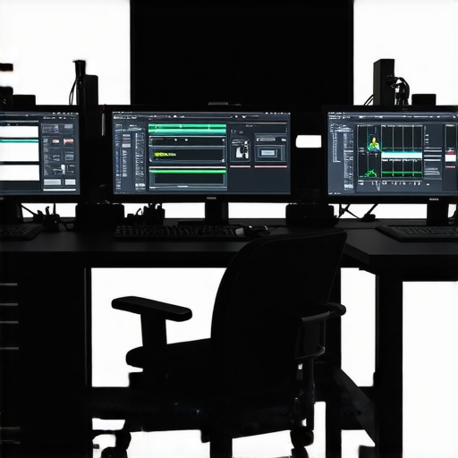 Professional Editing Hardware Setup A high-end editing workstation featuring dual monitors, external drives, and control panels