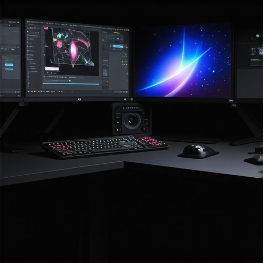 A sleek editing station featuring tactile control panels, high-resolution monitors, and ergonomic accessories suitable for professional content creators.