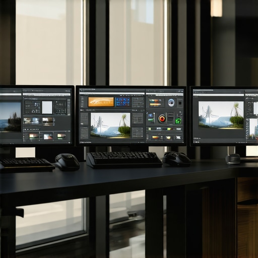 Professional Editing Workspace with Advanced Equipment A modern video editing setup with multiple screens, color grading tools, and ergonomic devices.
