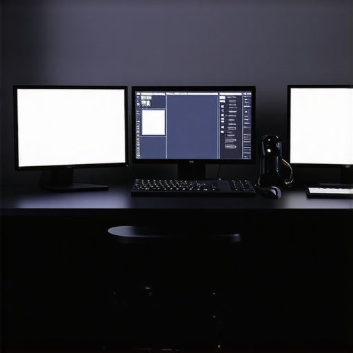 Showcase of a high-end media editing workstation equipped with calibrated monitors and advanced input devices.