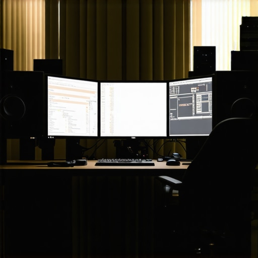 Professional Editing Workspace A state-of-the-art multimedia editing setup with specialized hardware controls and calibrated monitors.