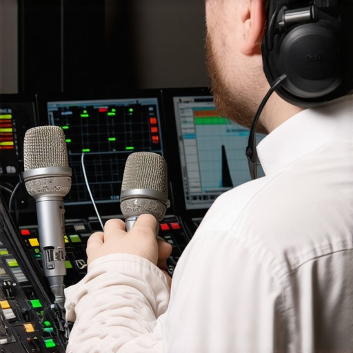Professional Microphone Calibration in Action Engineer calibrating microphones using spectral analysis tools in a studio environment.