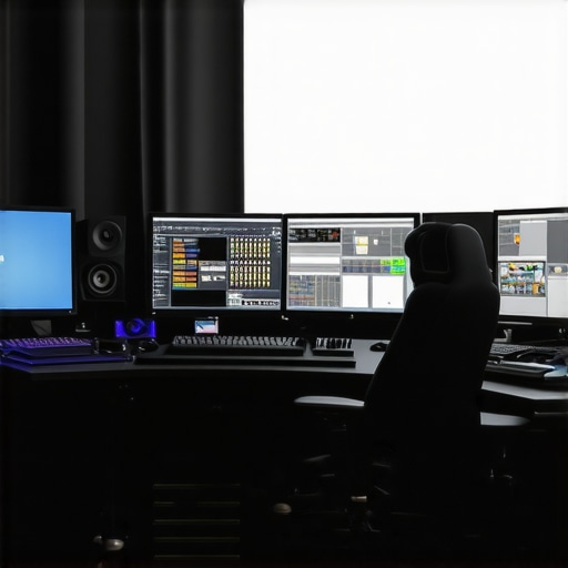 Modern editing studio featuring high-resolution screens and specialized hardware for multimedia professionals.