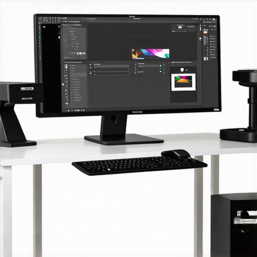 Professional Photo Editing Setup with Accurate Monitors and Stylus Professional photo editing workstation featuring calibrated monitor, stylus, and color calibration device.